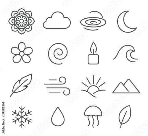Soothing visuals line art icons. mandala, cloud, ripple, moon, flower, soft spiral, candle flame, wave, feather, breeze, sunbeam, mountain, snowflake, raindrop, jellyfish, leaf.