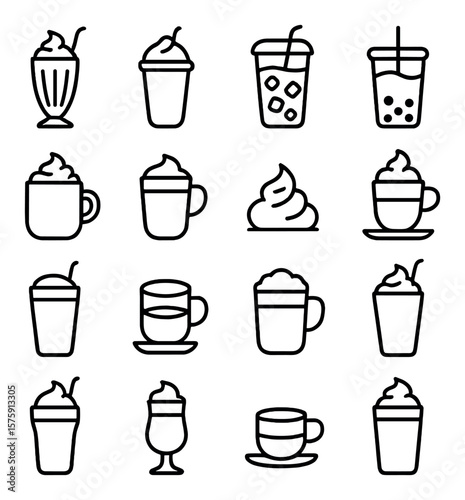 Creamy drinks line art icons. milkshake glass, vanilla smoothie, iced coffee, bubble tea, creamy cocoa, chai latte, whipped topping, cappuccino cup, affogato, frothy milk, creamed