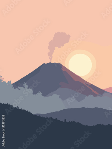 Mount Bromo, Indonesia – smoking caldera at dawn in gray dust, pastel sky pink, volcanic black, and soft gold light