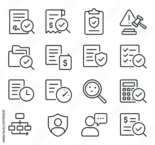 Audit checklist items line art icons. review contract, verify receipts, test controls, assess risk, inspect files, match invoice, evaluate policy, confirm procedures, reconcile