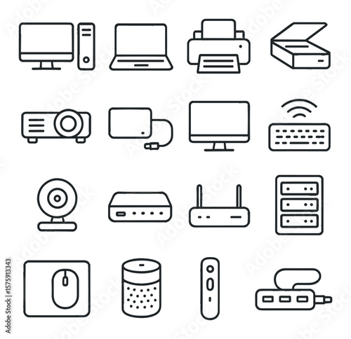 Office technology line art icons. desktop PC, laptop, printer, scanner, projector, external drive, monitor, wireless keyboard, webcam, docking station, network router, server rack,