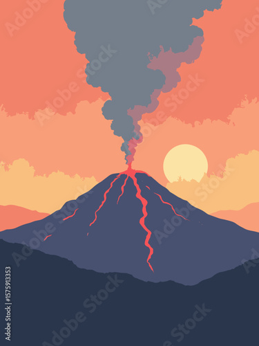 Mount Etna, Italy – active volcano with smoke plume in ash gray, lava red, and twilight orange sky