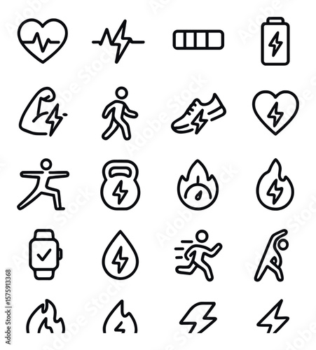 Fitness and energy line art icons. heartbeat icon, pulse bolt, stamina bar, energy drink, muscle flash, activity icon, running shoe, cardio boost, lightning yoga, power gym, burn