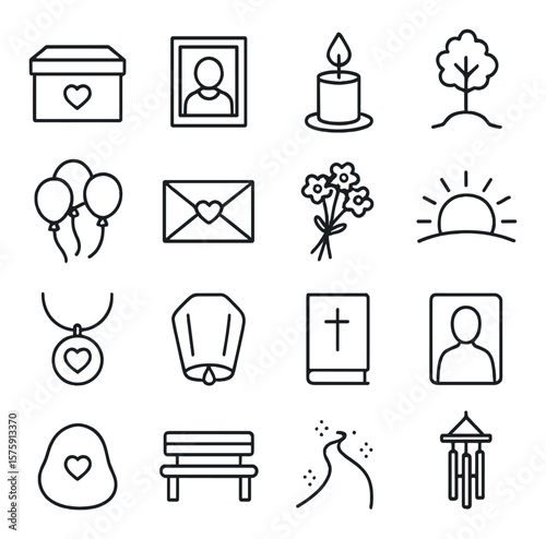 Remembrance rituals line art icons. memory box, framed photo, lit candle, planted tree, balloon release, letter to child, flower tribute, sunrise vigil, memory necklace, sky