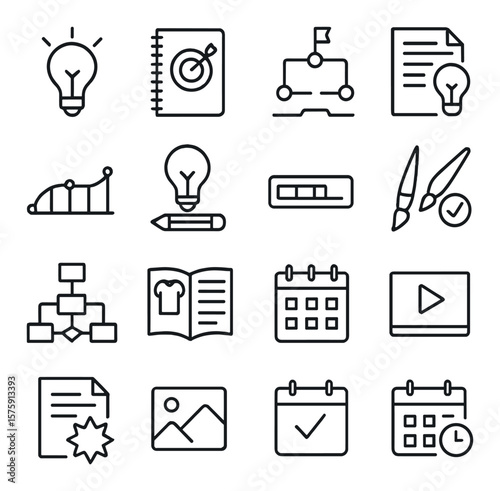Creative Projects line art icons. idea lightbulb, sketchbook goal, design milestone, creative brief, story arc, concept development, art progress bar, goal paintbrush, media plan,