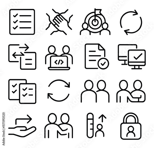 Cooperative Tasks line art icons. shared task list, team hands, mutual goal, collaboration arrows, document exchange, pair coding, file approval, co-edit icon, double checklist,