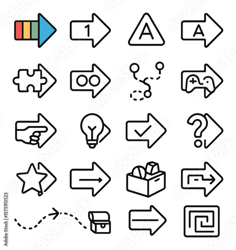Children’s Learning line art icons. color arrow, number arrow, shape arrow, alphabet arrow, puzzle arrow, matching arrow, story path arrow, game arrow, pointing hand, clue arrow,