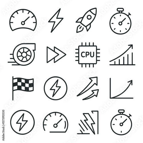 Fast performance indicators line art icons. speedometer, lightning bolt, rocket icon, stopwatch, turbo symbol, fast forward, CPU speed icon, performance chart, race flag, zap icon,