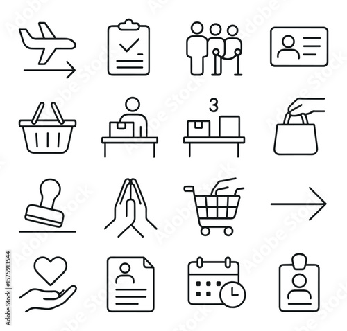 Distribution process line art icons. arrival sign, check-in clipboard, waiting line, ID card, pick-up basket, distribution table, item count, bag handover, confirmation stamp,