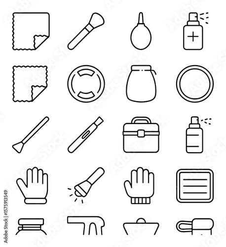 Lens maintenance line art icons. lens cloth, lens brush, air blower, cleaning solution, microfiber wipe, lens cap, lens pouch, protective filter, sensor swab, cleaning pen, lens