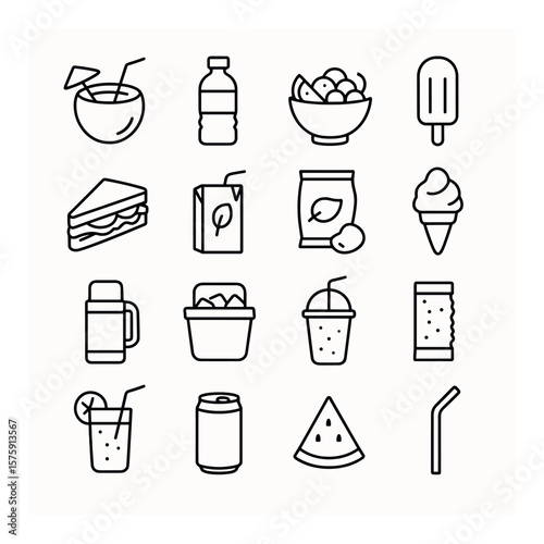 Food and drinks line art icons. coconut drink, bottled water, fruit salad, popsicle, sandwich, juice box, chips, ice cream cone, thermos, cooler with ice, smoothie, granola bar,