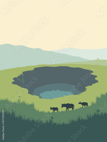 Ngorongoro Crater, Tanzania – lush crater with wildlife in grass green, caldera gray, and morning mist white