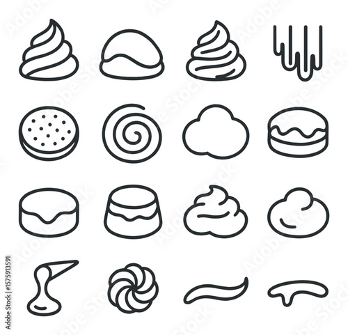 Creamy sweet toppings line art icons. whipped cream swirl, vanilla glaze, cream frosting, caramel drizzle, powdered sugar, honey swirl, creamy icing, chocolate topping,