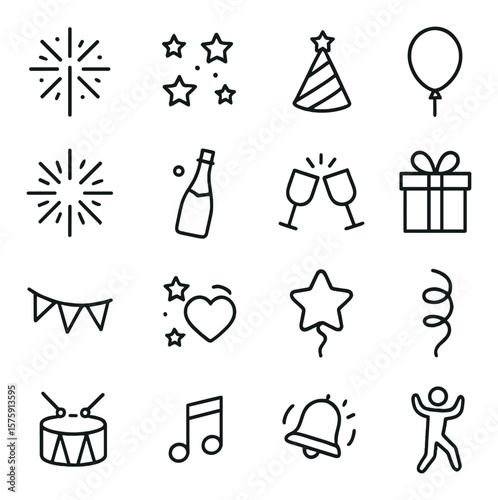 Celebration Icons line art icons. sparkler, star confetti, party hat, balloon, firework burst, champagne bottle, clinking glasses, gift box, banner, heart with stars, star balloon,