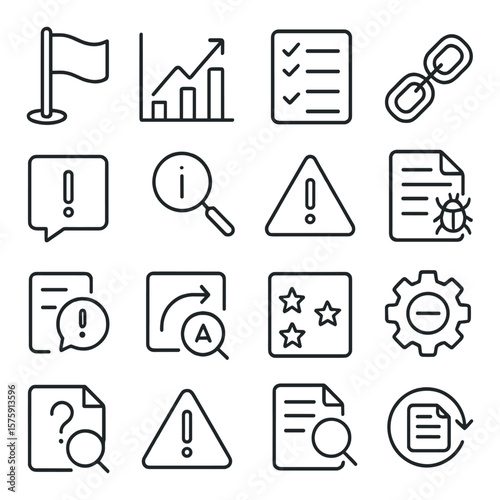Audit risks and findings line art icons. red flag icon, risk chart, issue list, control gap, exception report, material misstatement, observation note, noncompliance alert, fraud