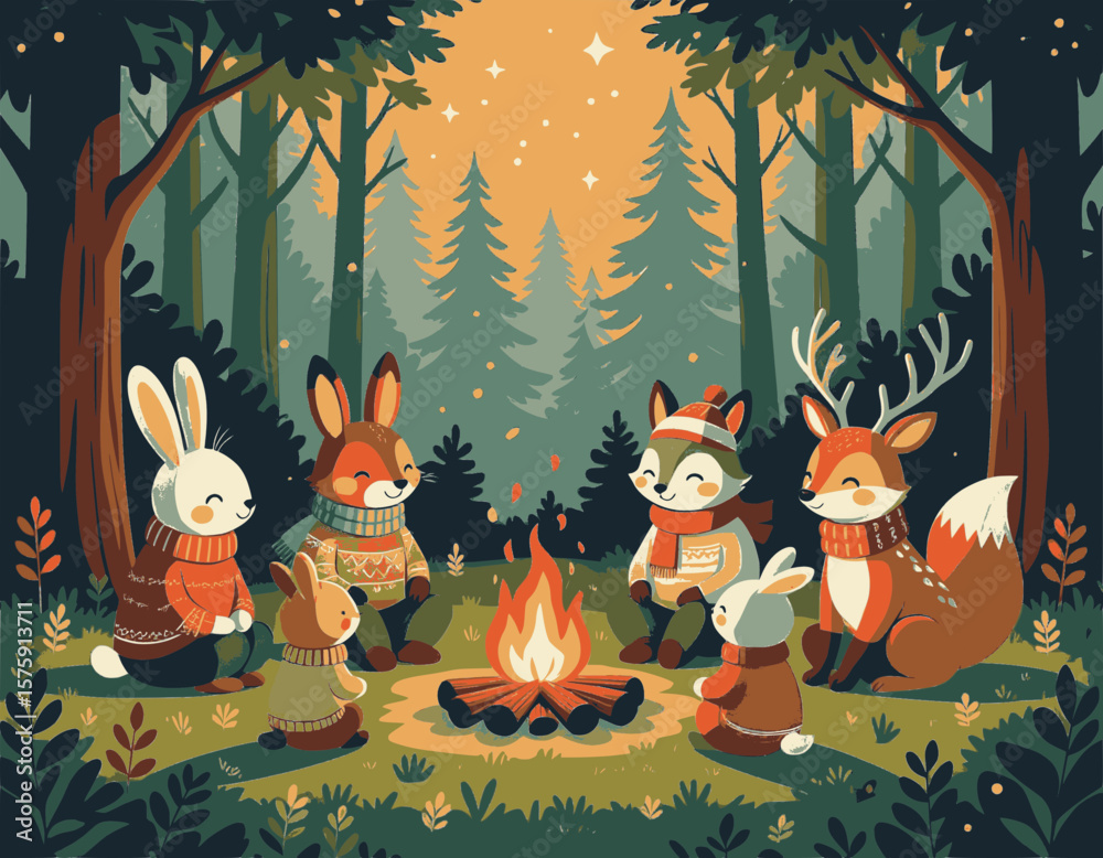 ilustracion para niños de diverso animales del bosque realizando un acto social nocturno
