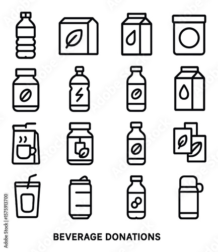 Beverage donations line art icons. bottled water, tea box, juice carton, milk powder, coffee jar, sports drink, vitamin water, boxed milk, cocoa mix, instant tea, fruit drink,