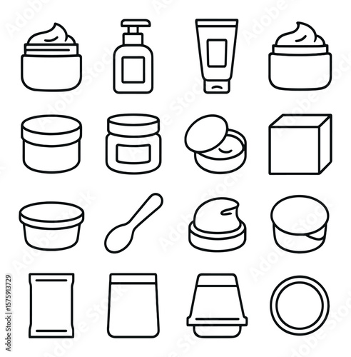 Cream packaging line art icons. cream jar, pump bottle, squeeze tube, cream pot, round container, wide cap, product label, glass jar, seal foil, carton box, butter tub, plastic