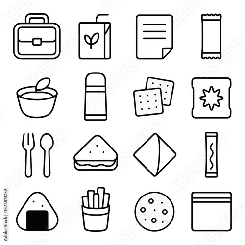 School lunch bags line art icons. cartoon lunchbox, juice pouch, note card, snack bar, fruit cup, thermos bottle, crackers, ice pack, cutlery set, sandwich half, napkin fold,