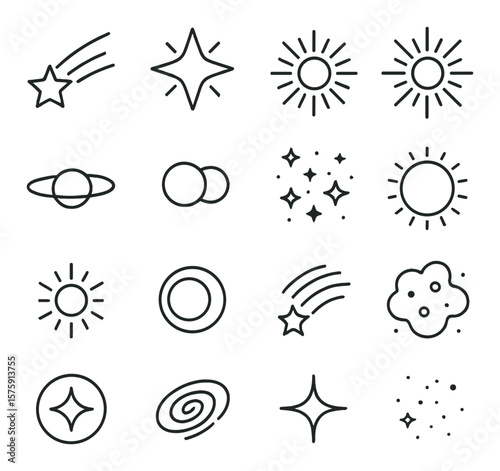 Celestial Phenomena line art icons. shooting star, glowing star, nova, supernova, pulsar, binary stars, star cluster, red giant, white dwarf, black hole core, star trail, nebula