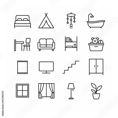Home environment line art icons. bedroom, quiet tent, sensory lights, bathtub, kitchen table, sofa, bookshelf, toy bin, rug, TV, stairs, closet, window, curtains, lamp, plant.