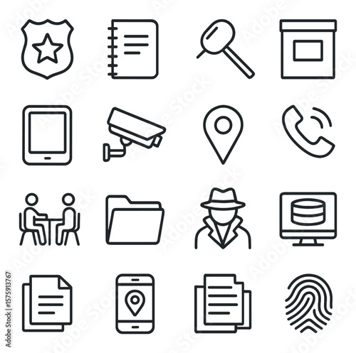Investigation tools line art icons. police badge, notebook, pen, magnifier, evidence bag, digital tablet, surveillance camera, map pin, phone log, interrogation icon, file folder,