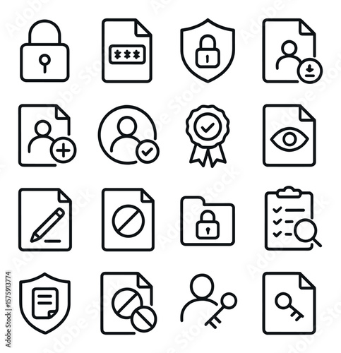 Document security and access line art icons. lock icon, password file, encryption badge, private doc, access request, permission icon, verified seal, view only, edit rights,