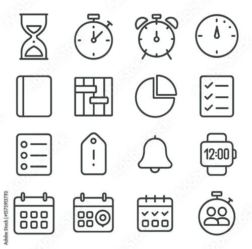 Time Management Tools line art icons. hourglass, stopwatch, alarm clock, timer, schedule book, gantt chart, pie chart, checklist, to-do list, priority tag, bell reminder, digital