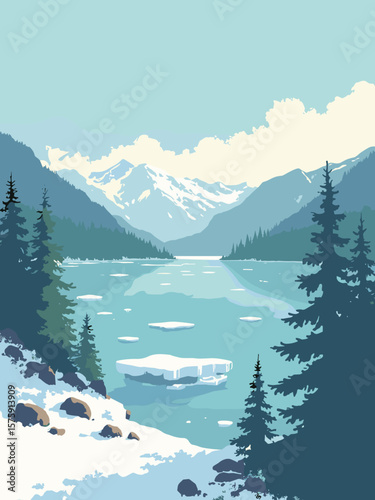 Lake Baikal, Russia – crystalline ice formations on vast frozen lake in cerulean blue, snow white, slate gray, and pine green forest edge