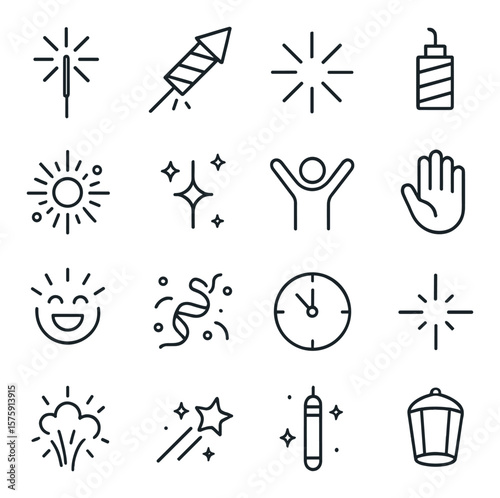 Fireworks and celebration line art icons. sparkler, rocket firework, burst shape, firecracker, exploding shell, night sky stars, cheering person, open hand, joy icon, waving