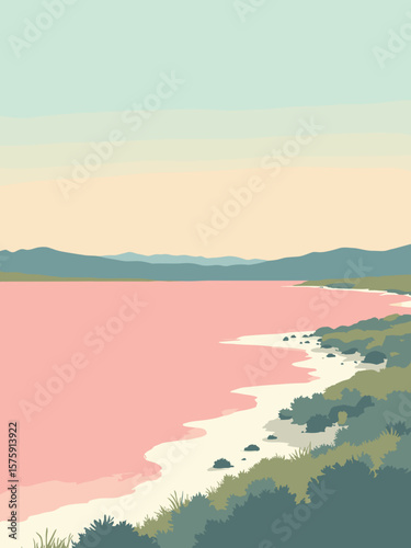 Lake Hillier, Australia – bubblegum pink lake rimmed by bright white salt crust, eucalyptus green shoreline, and pale sky