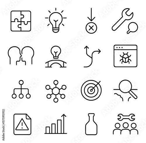Problem Solving line art icons. puzzle piece, solution lightbulb, root cause icon, fix icon, joint thinking, idea bridge, alternative path, issue tracking, decision tree, mind map,