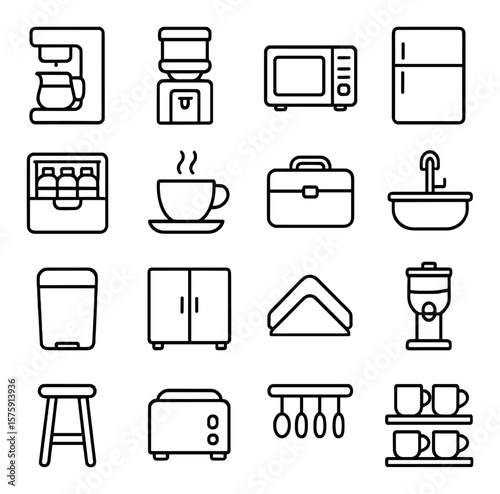 Breakroom setup line art icons. coffee maker, water cooler, microwave, fridge, snack box, teacup, lunchbox, sink, trash can, cabinet, napkin holder, cereal dispenser, stool chair,