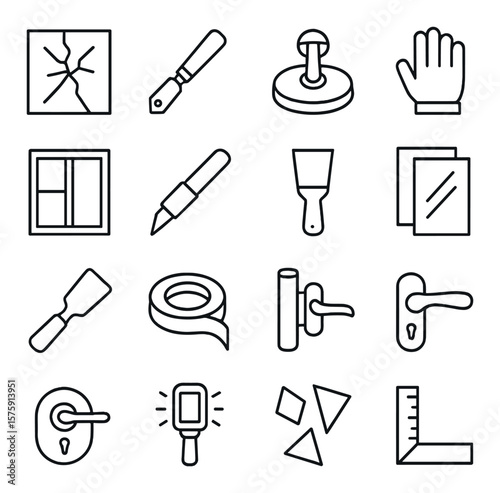 Glass and window repair line art icons. broken pane, glass cutter, suction cup, safety glove, window frame, caulking gun, putty knife, replacement glass, scraper tool, sealing tape
