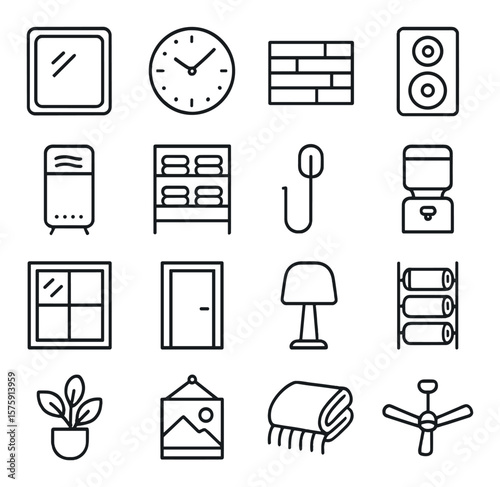 Yoga studio items line art icons. mirror, clock, wooden floor, speaker, air purifier, storage shelf, wall hook, water dispenser, natural light window, door, soft lamp, mat rack,