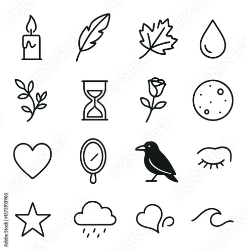 Famous poetic symbols line art icons. candle, quill feather, falling leaf, ink drop, vine, hourglass, single rose, full moon, heart, mirror, raven, closed eye, star, rain cloud,