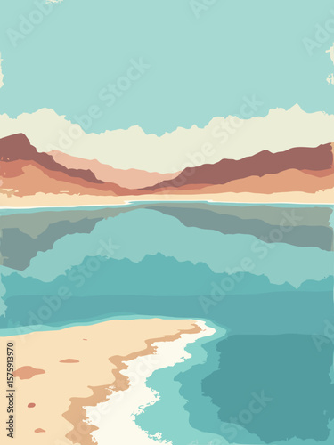 Dead Sea, Israel/Jordan – mirror-like salty waters in azure, pale turquoise, mineral white, and rust-red shorelines