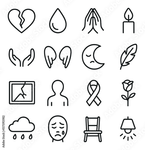 Grief symbols line art icons. broken heart, teardrop, candle flame, folded hands, empty arms, angel wings, quiet moon, soft feather, cracked photo frame, fading silhouette, memory