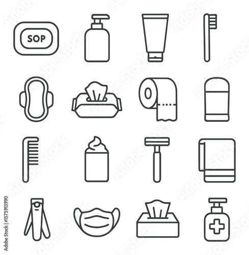 Hygiene products line art icons. soap bar, shampoo bottle, toothpaste tube, toothbrush, sanitary pad, baby wipes, toilet paper roll, deodorant stick, comb, shaving cream, razor,