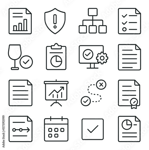 Audit process steps line art icons. planning document, risk assessment, internal controls, audit checklist, sampling icon, fieldwork report, testing procedure, compliance review,