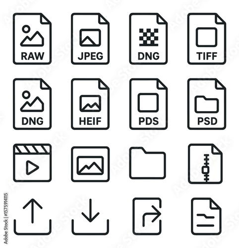 Photo file types line art icons. RAW icon, JPEG file, PNG file, TIFF file, BMP icon, HEIF icon, DNG file, PSD icon, video file, thumbnail icon, folder icon, compressed file, upload