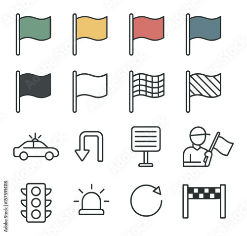 Flags and signals line art icons. green flag, yellow flag, red flag, blue flag, black flag, white flag, checkered flag, striped flag, safety car sign, pit entry signal, penalty