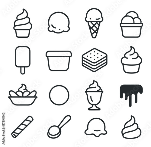 Ice cream varieties line art icons. soft serve swirl, vanilla scoop, ice cream cone, gelato cup, milk-based popsicle, ice cream tub, ice cream sandwich, whipped topping, banana