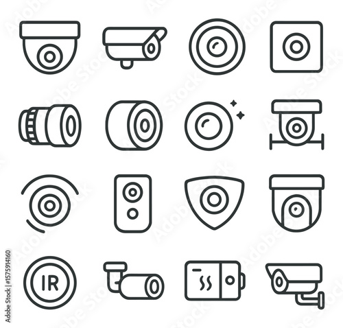 Security and surveillance lenses line art icons. dome lens, bullet camera lens, fisheye CCTV lens, pinhole lens, zoom surveillance lens, IR lens, night vision lens, license plate