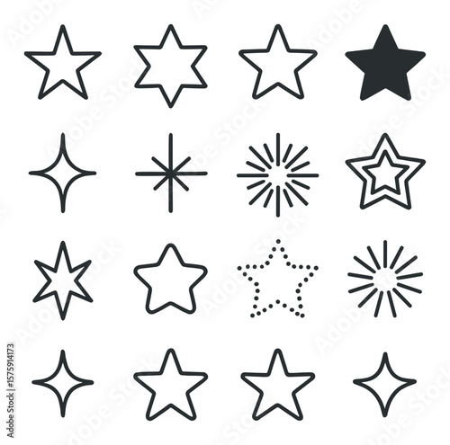 Star Shapes & Patterns line art icons. five-point star, six-point star, outline star, filled star, spark shape, twinkle shape, radiant burst, layered star, sharp star, rounded star