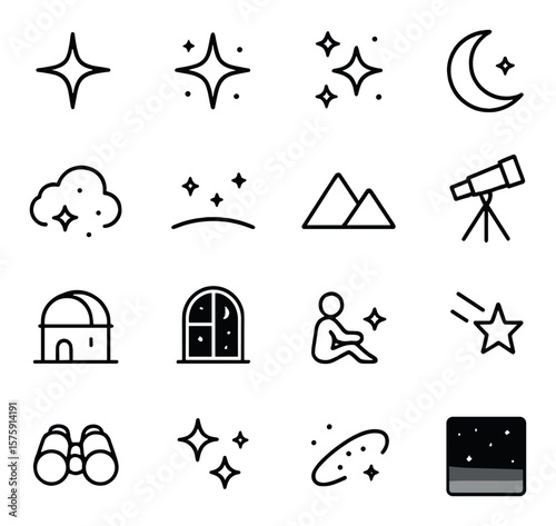 Starry Sky line art icons. twinkling star, bright star, star cluster, crescent moon, cloud with stars, night horizon, mountain silhouette, telescope, observatory, night window,