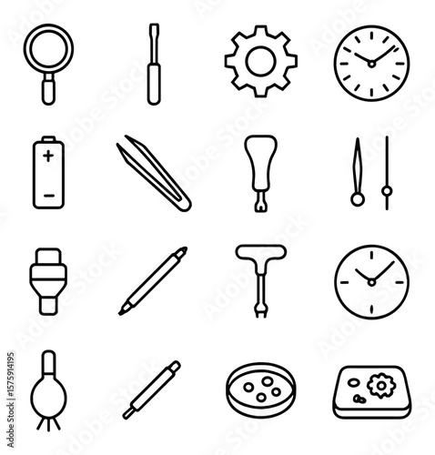 Watch and clock repair line art icons. magnifier lens, tiny screwdriver, gear wheel, watch face, battery cell, hand remover tool, case opener, hour hand, second hand, winding tool,