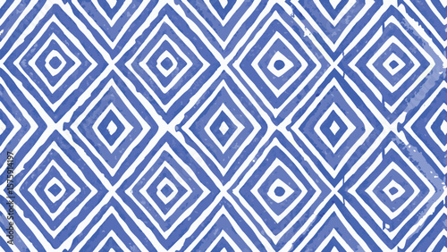 Repeating pattern of blue and white concentric diamonds with watercolor texture effect design element