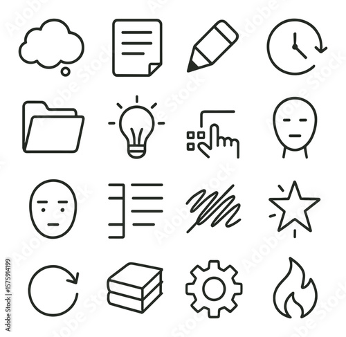 Creative writing process line art icons. brainstorm cloud, notebook page, pencil tip, edit icon, draft folder, lightbulb idea, typing hand, pause clock, focused face, line spacing,