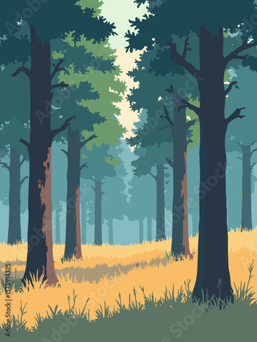 Crooked Forest, Poland – gnarled pine trees arching over golden field in moss green, ochre grass, twilight blue, and bark brown